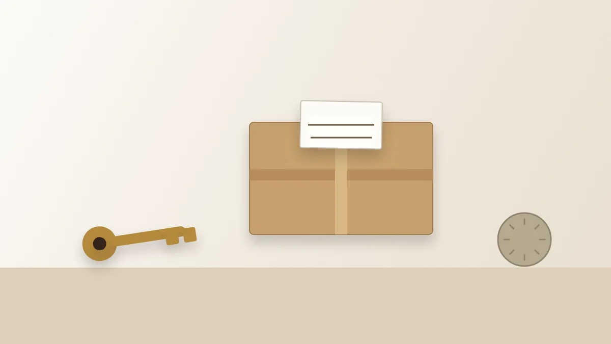 A labeled cardboard box, a key, and a short handwritten note arranged by a doorway, showing a practical message kept separate from relationship hopes.