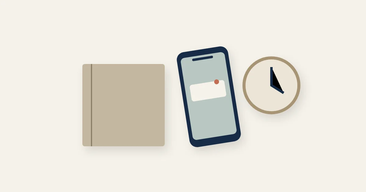A closed notebook, an untouched phone, and a small kitchen timer represent the difference between a chosen pause and a countdown to contact.