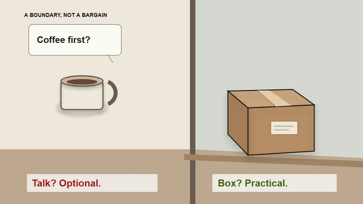 A coffee invitation stays behind a doorway while a parcel crosses it, illustrating boundaries when retrieving belongings from an ex