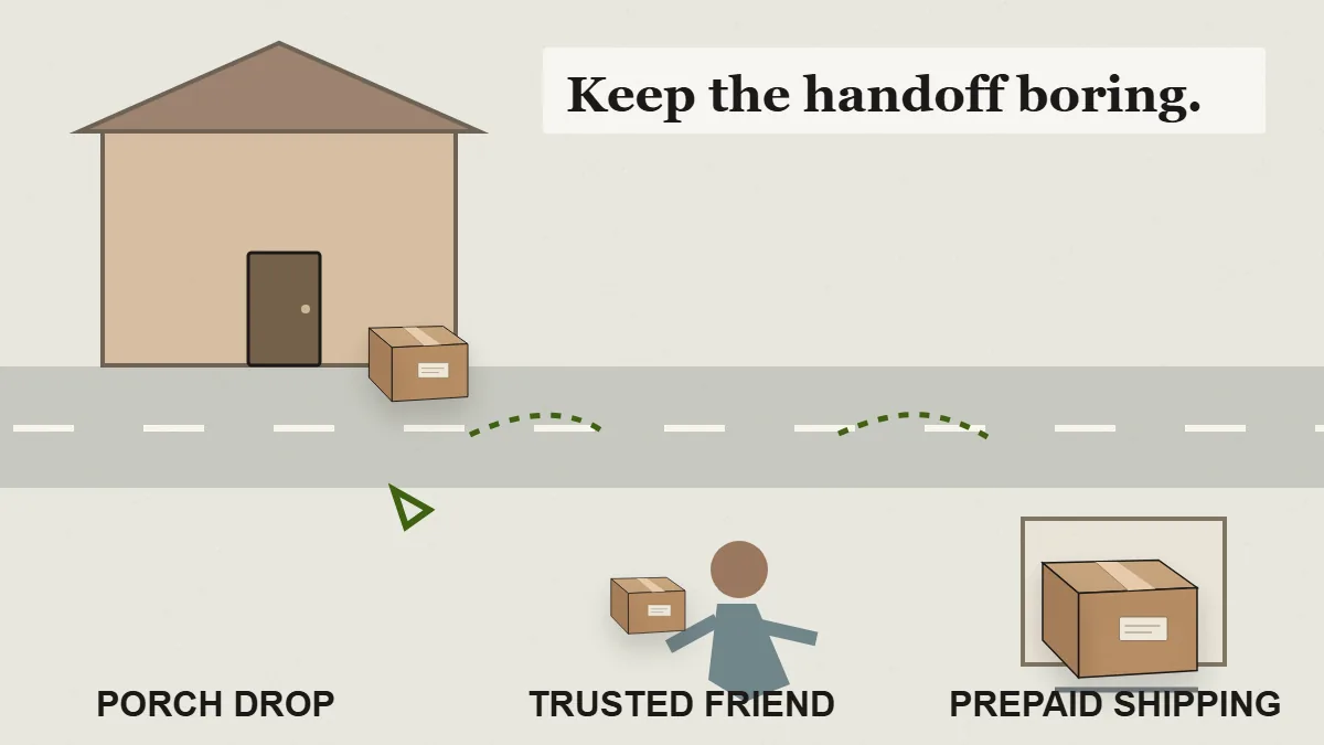 Porch drop, trusted friend, and prepaid shipping show three low-contact ways to get belongings back from an ex