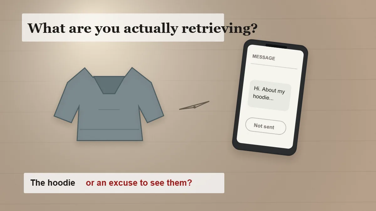 An old hoodie beside an unsent text prompts a no-contact motive check before asking an ex for belongings