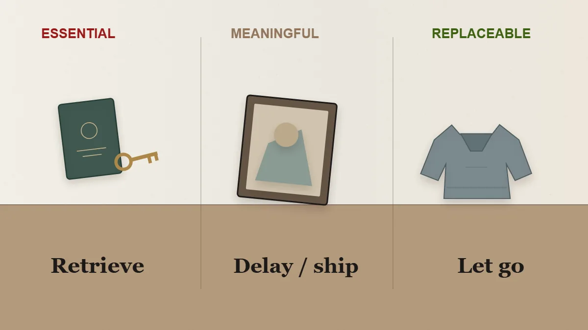 Passport and keys, a keepsake photo, and a hoodie show which belongings to retrieve, delay, or let go after a breakup